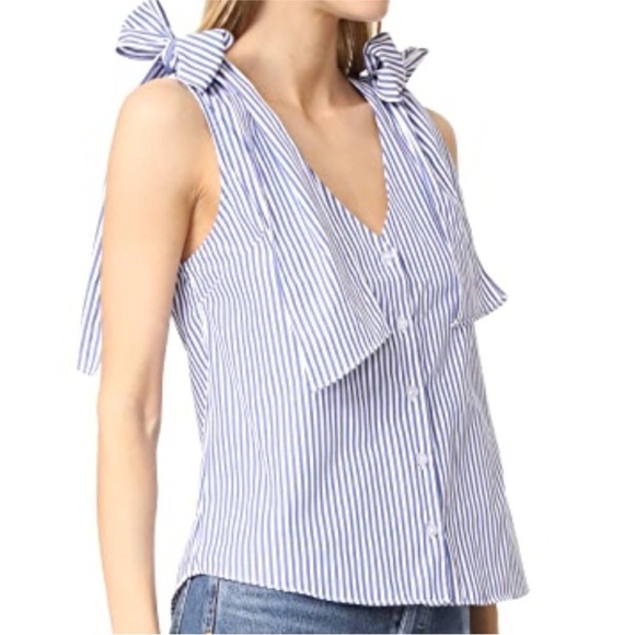 NEW J.O.A. STRIPED BLUE WHITE SLEEVELESS BOW TIE DETAIL TOP BLOUSE L - Picture 4 of 12